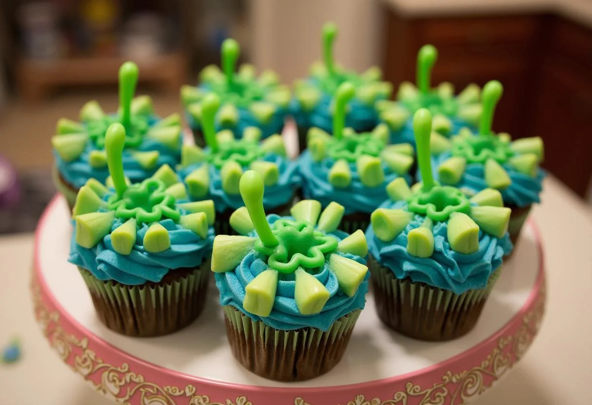 Final presentation of Toy Story Green Alien Claw Cupcakes, featuring vibrant decorations and festive colors perfect for any celebration.