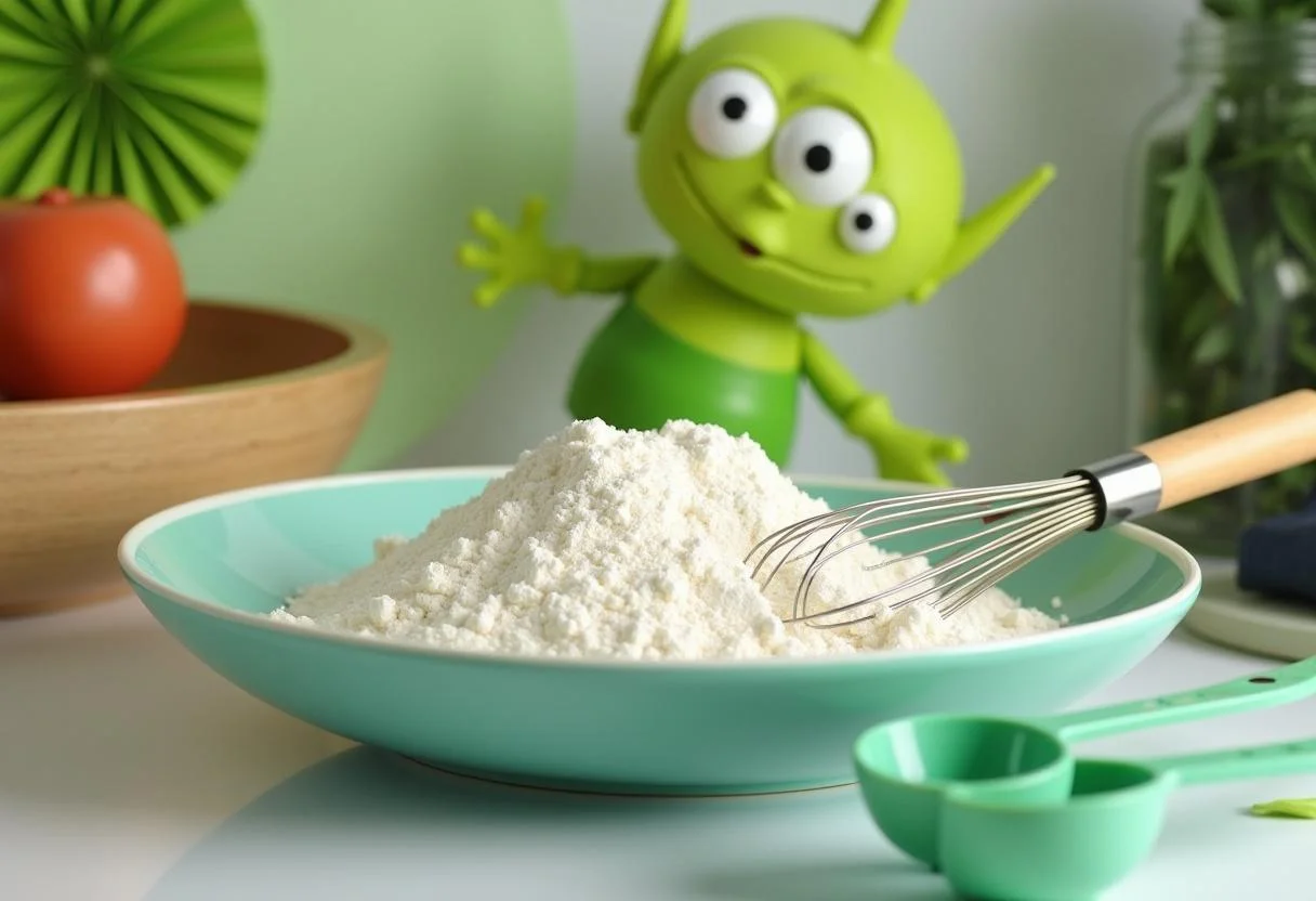 Ingredients for Toy Story Green Alien Claw Cupcakes, featuring flour, sugar, and vibrant green decorations.