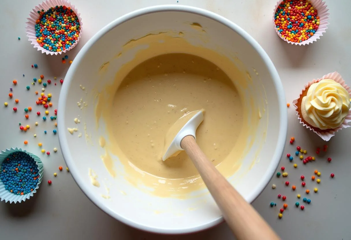 Mixing batter for Toy Story Green Alien Claw Cupcakes with colorful sprinkles, showcasing a fun baking process.
