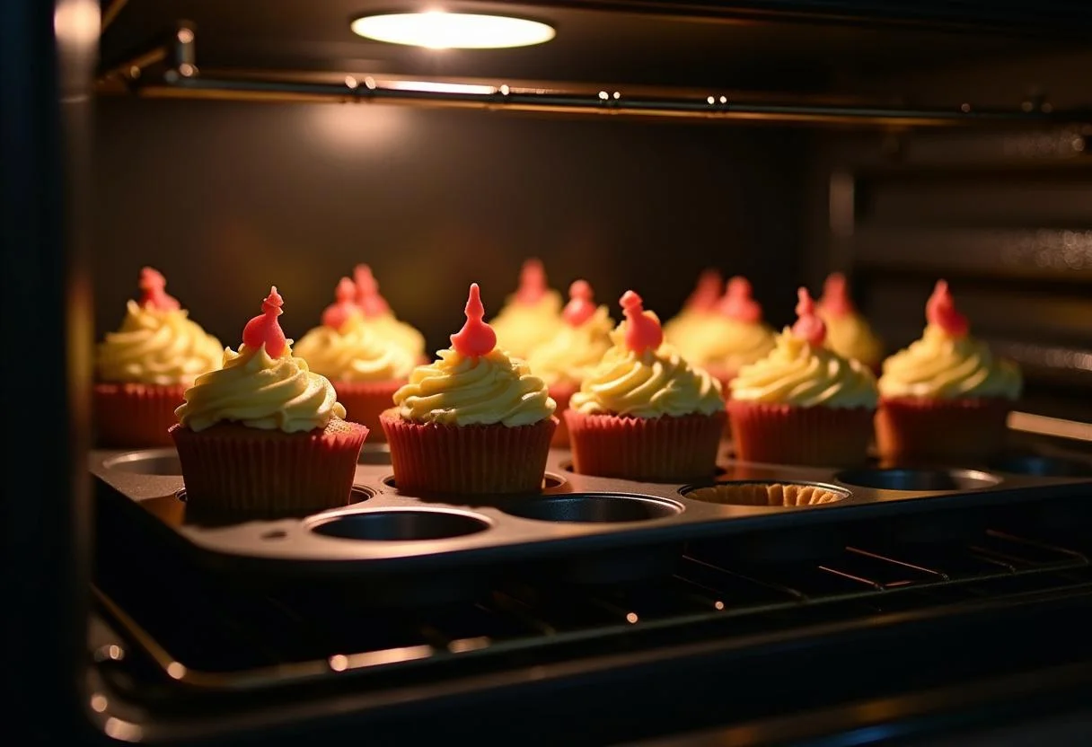 Cupcakes baking for Toy Story Green Alien Claw Cupcakes, highlighting the process of transforming batter into themed delights.