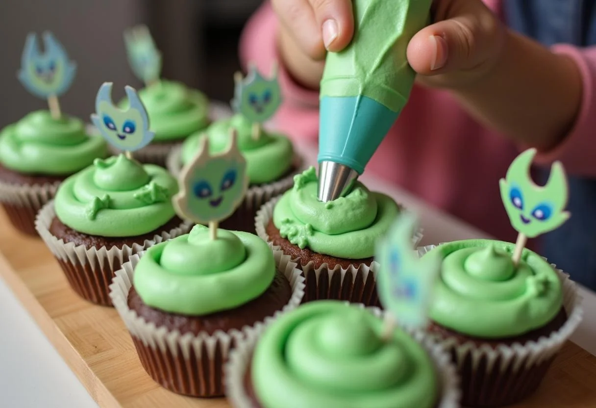 Decorating Toy Story Green Alien Claw Cupcakes with green frosting and alien designs, showcasing creativity in baking.