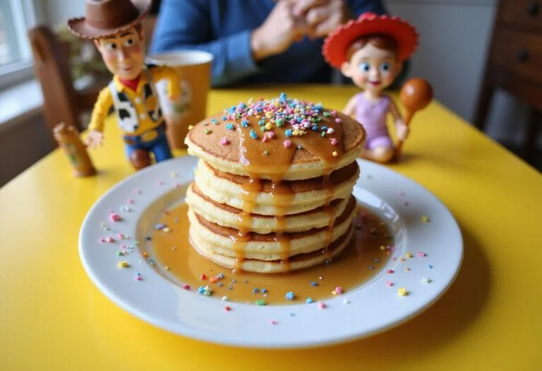 Delicious Toy Story Hamm's Piggy Bank Pancake Stack served on a breakfast table with syrup and playful decoration