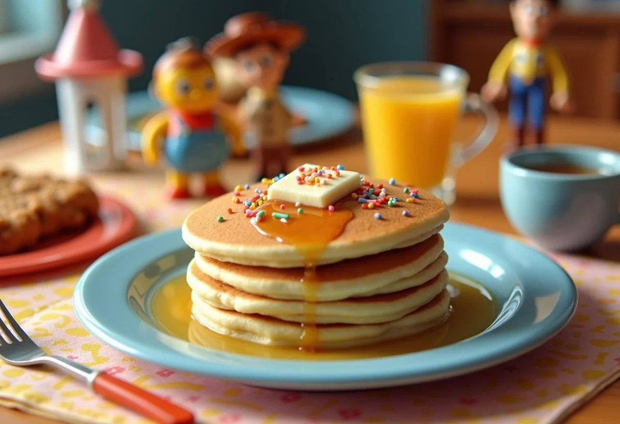 Delicious Toy Story Hamm's Piggy Bank Pancake Stack served on a breakfast table with syrup and playful decoration