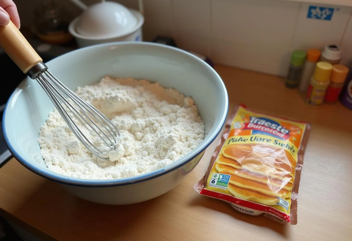 Toy Story Hamm's Piggy Bank Pancake Stack ingredients including pancake mix, flour, and sugar in a bowl on a wooden countertop