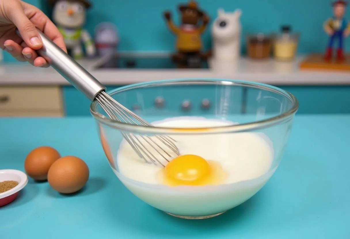 Mixing milk, eggs, and vanilla extract for Toy Story Hamm's Piggy Bank Pancake Stack in a colorful kitchen ambiance