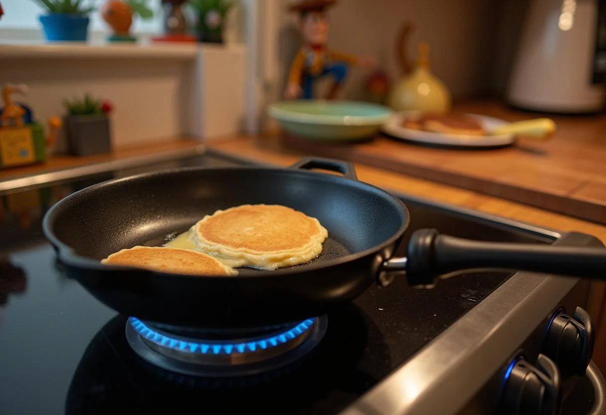 Melting butter in a skillet for Toy Story Hamm's Piggy Bank Pancake Stack preparation in a welcoming kitchen atmosphere