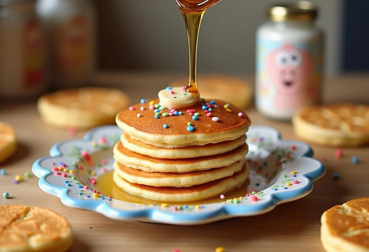 Stacking Toy Story Hamm's Piggy Bank Pancake Stack with syrup and sprinkles in a playful setup