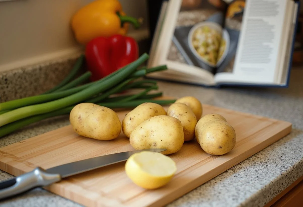 Ingredients for Toy Story Mr. Potato Head's Perfect Potato Salad including fresh potatoes, green onions, and peppers on a countertop.