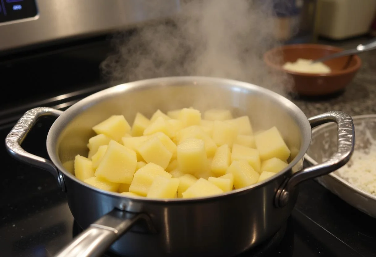 Cooking the potatoes for Toy Story Mr. Potato Head's Perfect Potato Salad in a pot, with ingredients and dressing ready for mixing.
