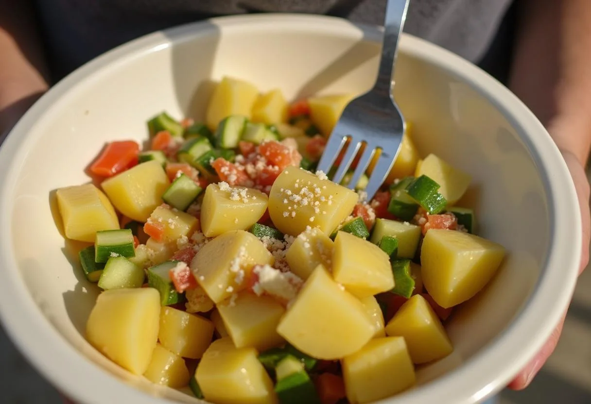 Combining ingredients for Toy Story Mr. Potato Head's Perfect Potato Salad in a mixing bowl, showing colorful vegetables and creamy dressing.