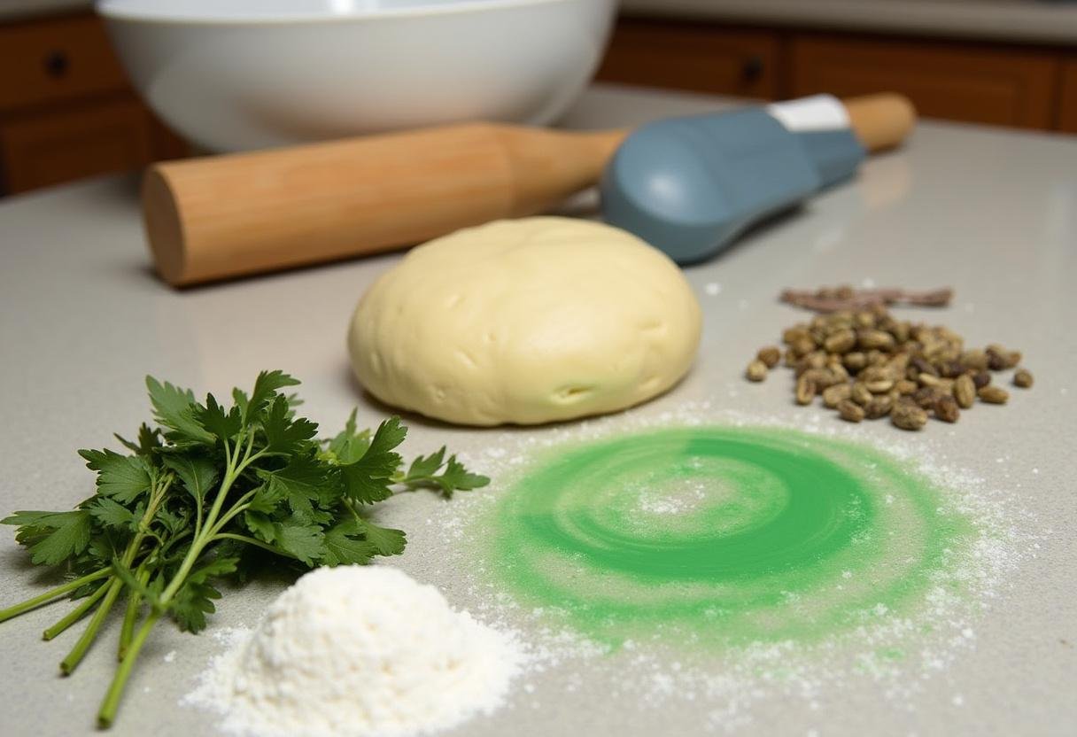 Ingredients for Toy Story Rex's Roaring Reptile Rolls on a kitchen counter, showcasing vibrant colors and lively kitchen setting.