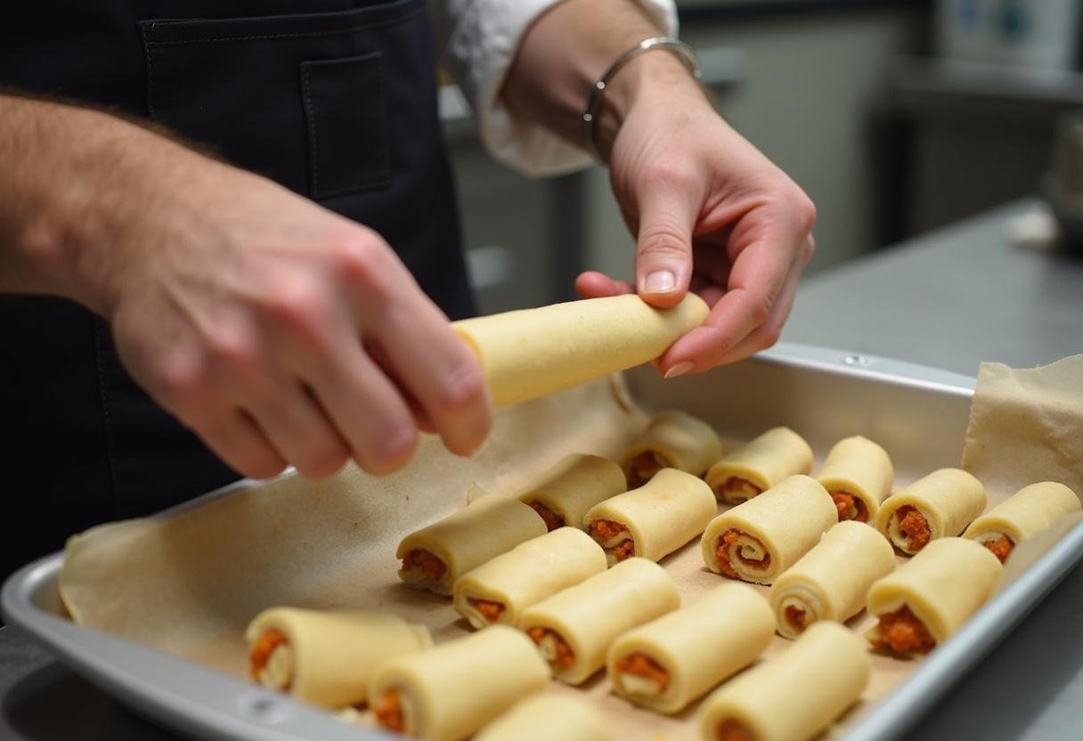 Rolling up the filled green dough for Toy Story Rex's Roaring Reptile Rolls, highlighting the cooking process in a charming kitchen setting.