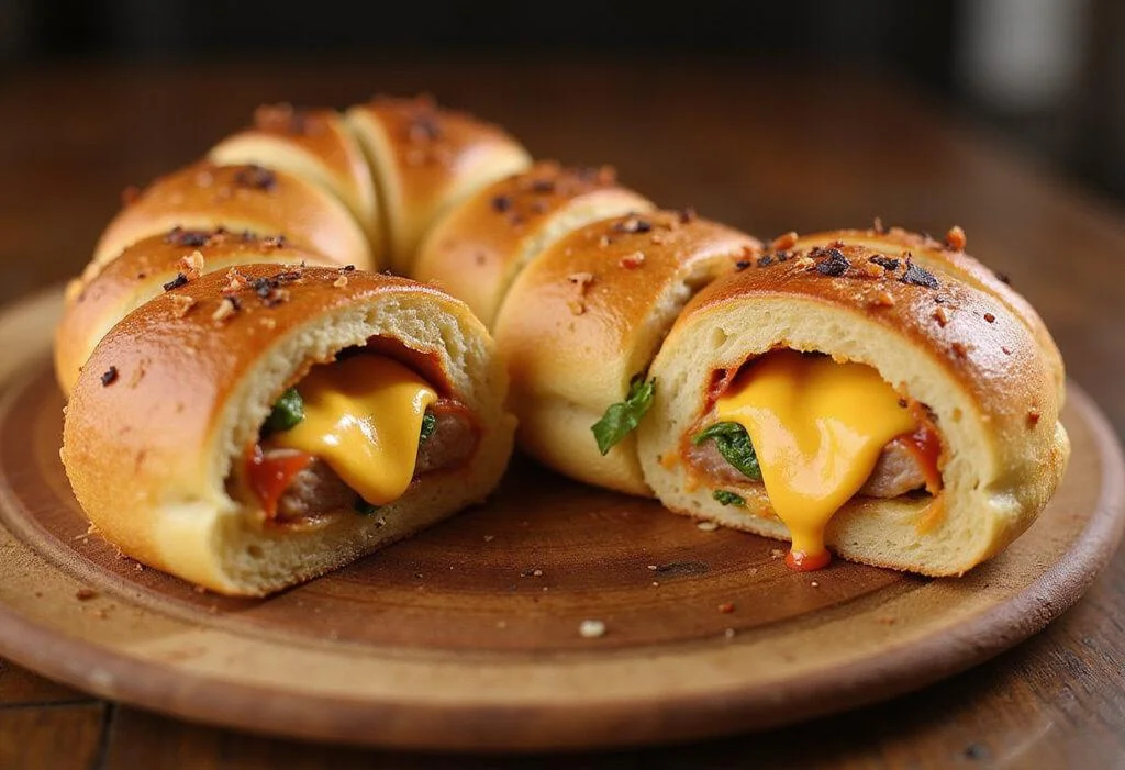 Delicious and golden Toy Story Slinky Dog's Stretchy Stromboli, perfectly sliced to show its tasty filling, enticingly displayed for a mouthwatering culinary experience.