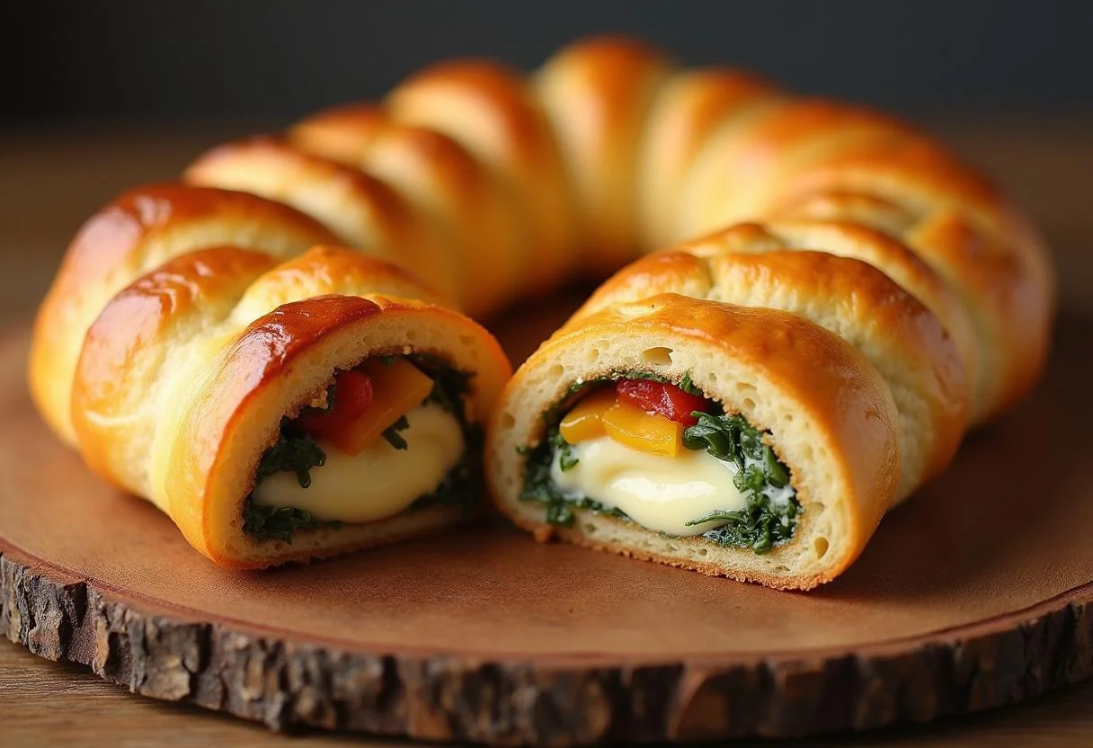 Delicious and golden Toy Story Slinky Dog's Stretchy Stromboli, perfectly sliced to show its tasty filling, enticingly displayed for a mouthwatering culinary experience.