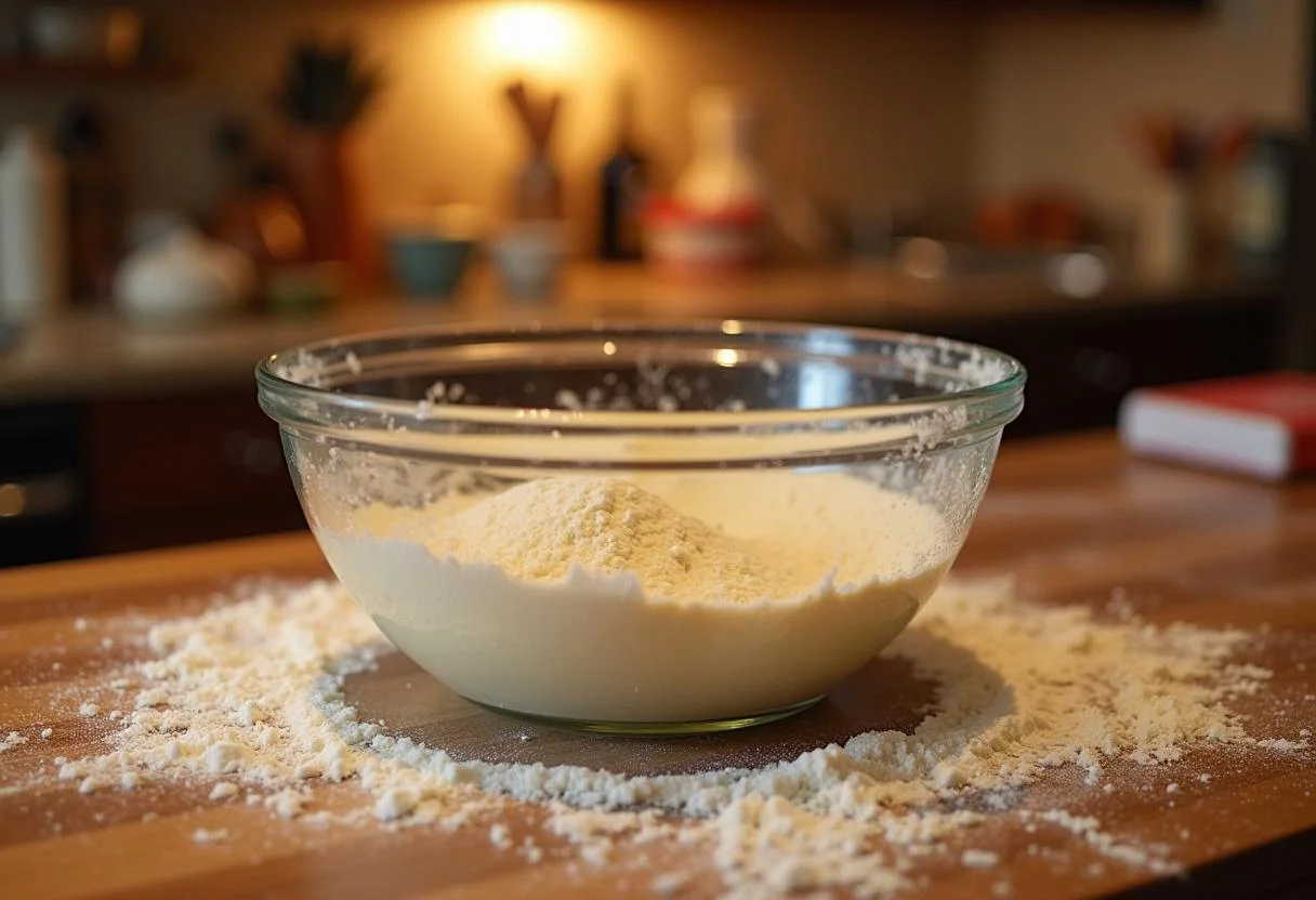 Mixing flour, salt, and yeast to make dough for Toy Story Slinky Dog's Stretchy Stromboli, a delicious homemade treat.