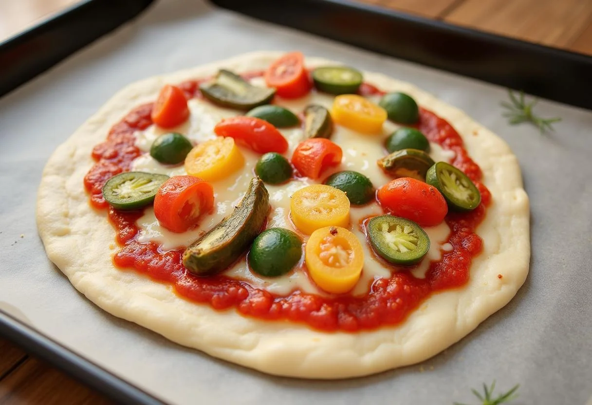 Preparing the filling for Toy Story Slinky Dog's Stretchy Stromboli by adding sauce, cheese, and vegetables to the rolled out dough, highlighting a homemade cooking process.