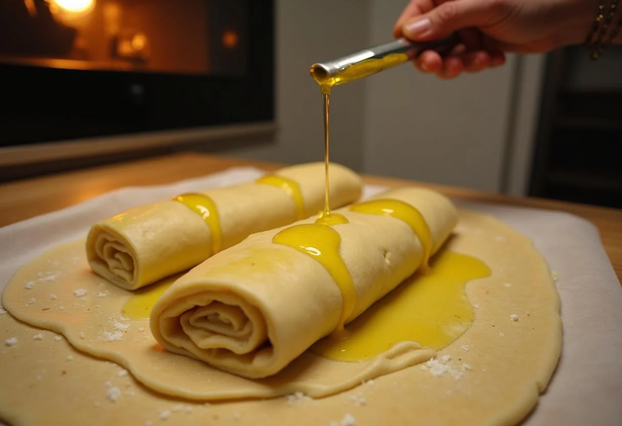 Rolling up the filling for Toy Story Slinky Dog's Stretchy Stromboli, drizzled with olive oil, illustrating the final steps of this delightful dish.