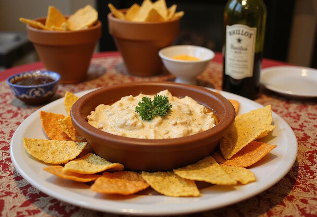 Final display of Toy Story Woody's Roundup Ranch Dip surrounded by crunchy tortilla chips on a themed table, perfect for serving guests.