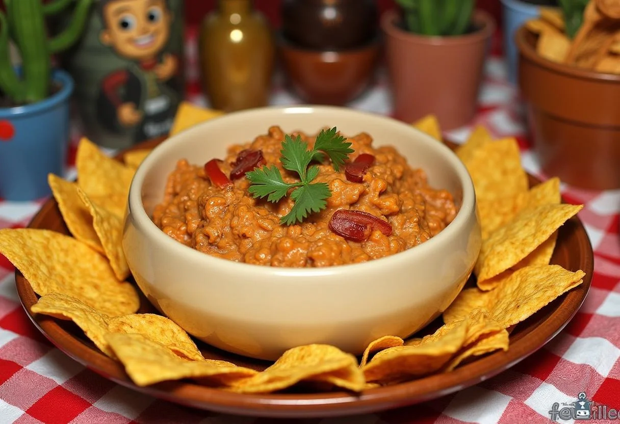 Final display of Toy Story Woody's Roundup Ranch Dip surrounded by crunchy tortilla chips on a themed table, perfect for serving guests.