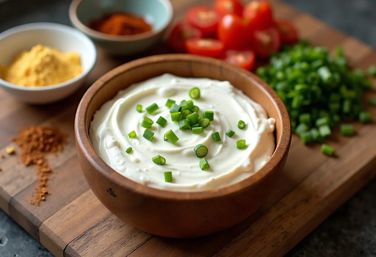 Toy Story Woody's Roundup Ranch Dip ingredients including cream cheese, sour cream, green onions, diced tomatoes on a rustic kitchen countertop.