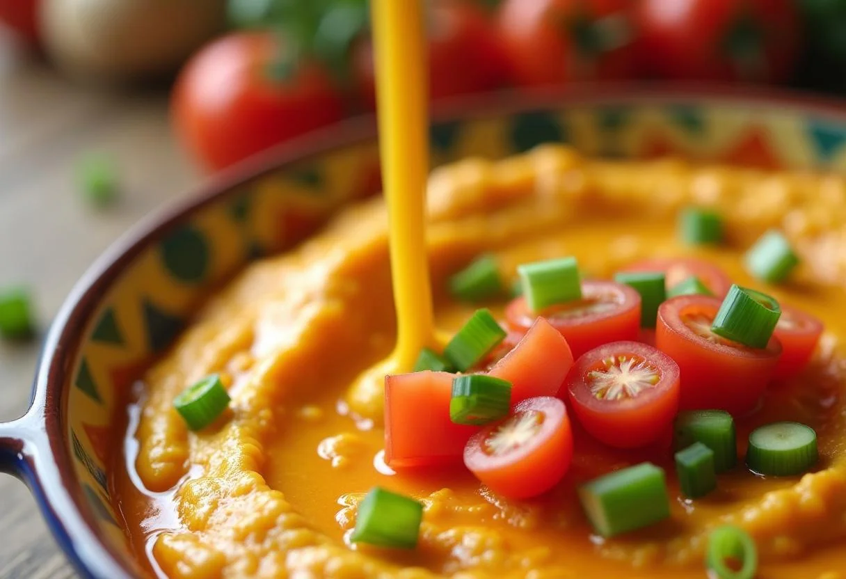 Pouring Woody's Roundup Ranch Dip into a colorful dish, topped with garnishes for a festive presentation.