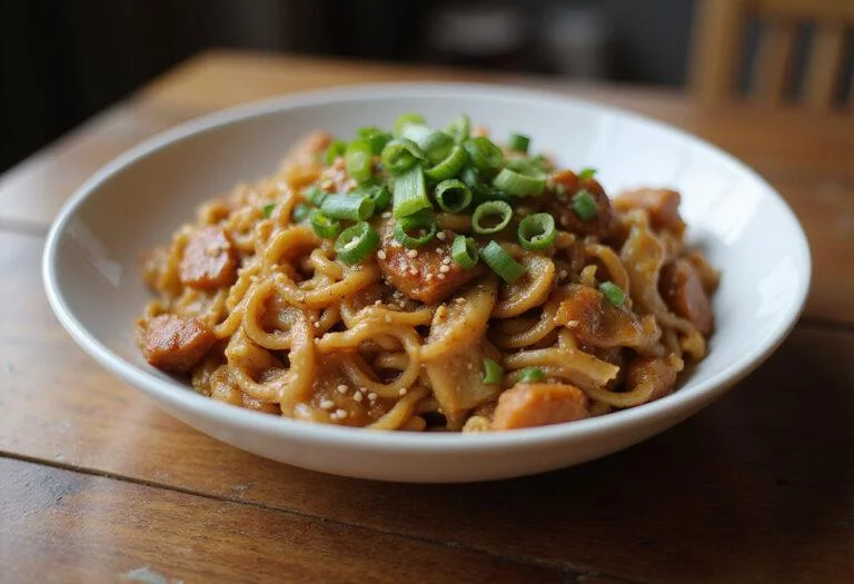 A delicious serving of Uncharted Tom Holland's Adventure Noodle Stir-fry on a rustic wooden table, garnished with green onions and sesame seeds.
