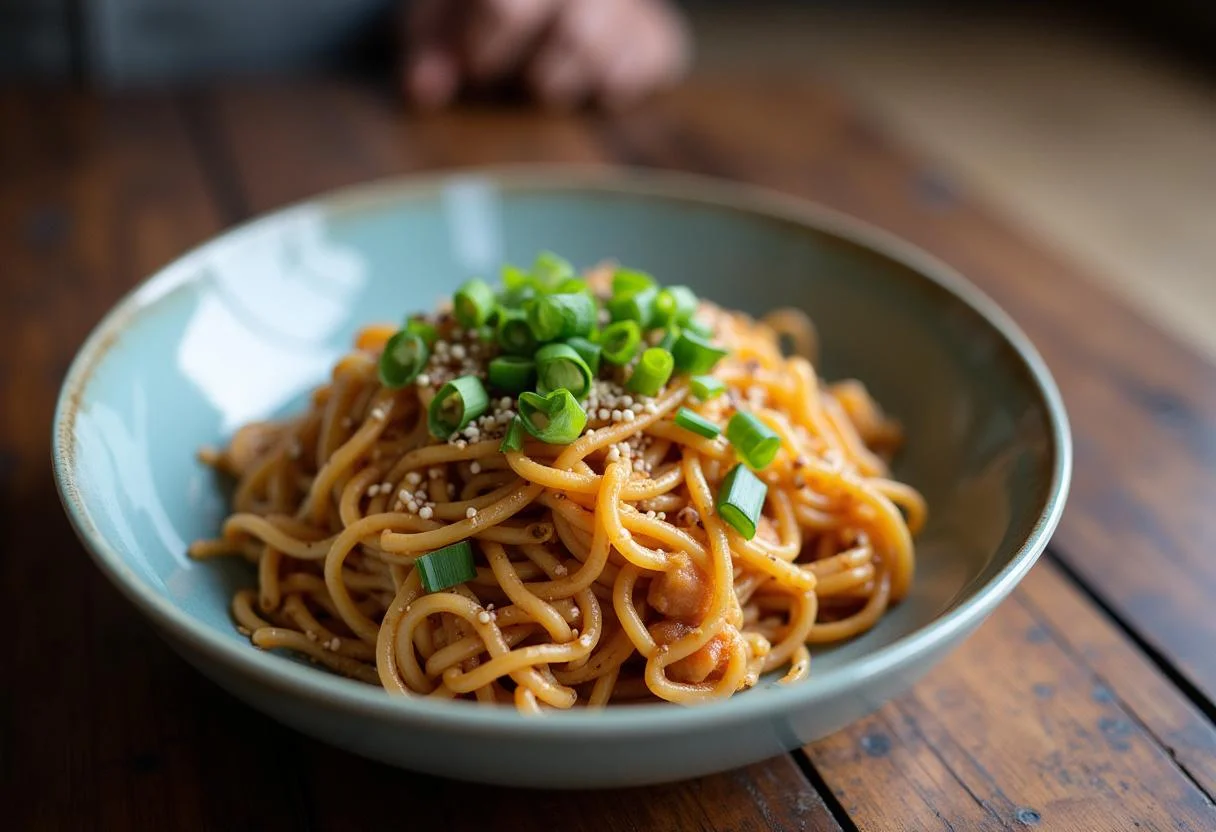 A delicious serving of Uncharted Tom Holland's Adventure Noodle Stir-fry on a rustic wooden table, garnished with green onions and sesame seeds.