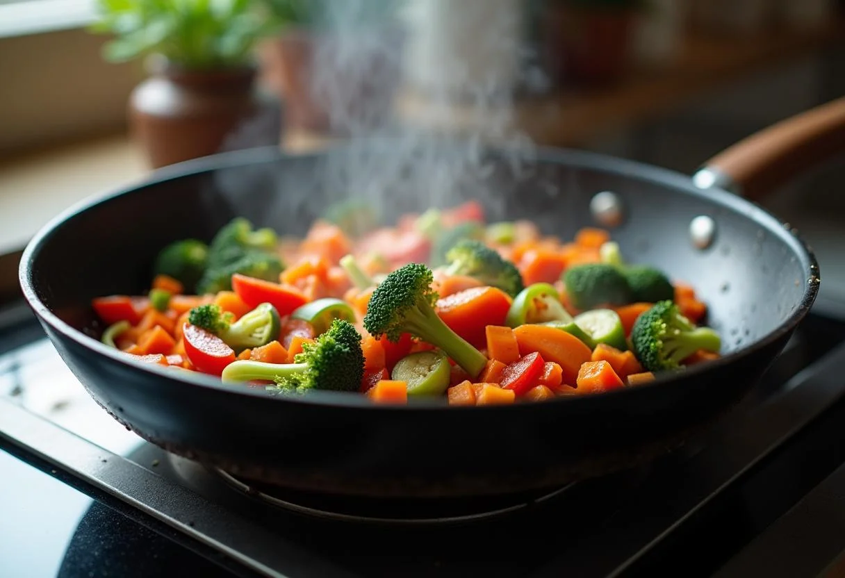Sautéing fresh vegetables for Uncharted Tom Holland's Adventure Noodle Stir-fry, vibrant bell peppers, broccoli, and carrots with soy sauce on a stovetop.