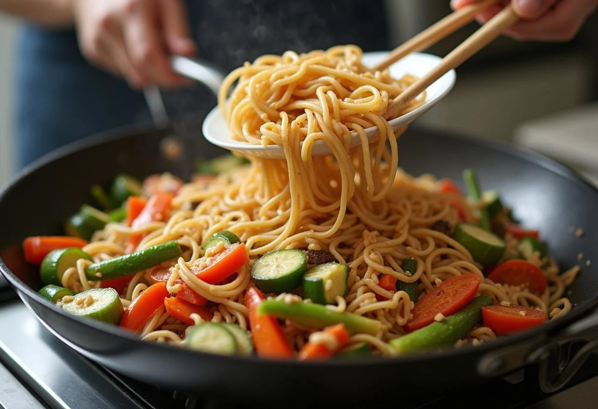 Adding cooked noodles to sautéed vegetables in Uncharted Tom Holland's Adventure Noodle Stir-fry, a colorful blend in a skillet.