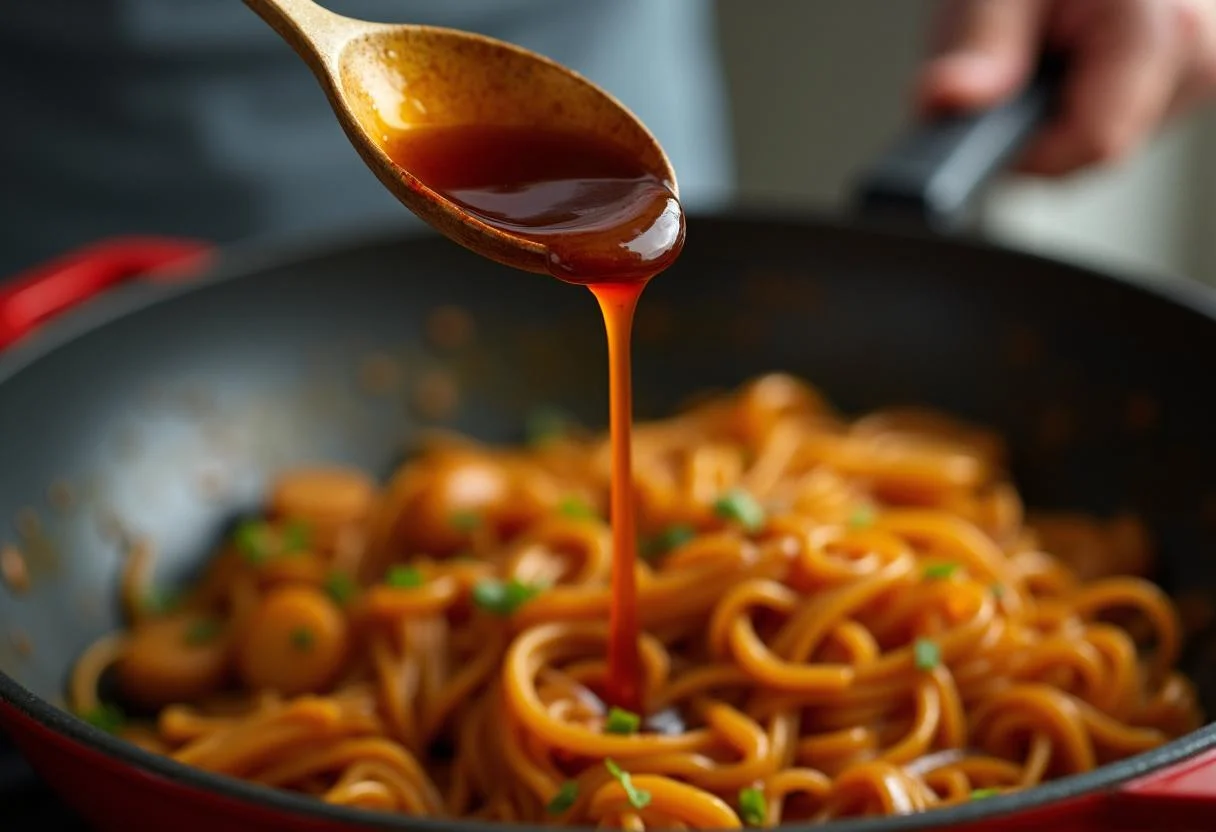 Pouring a flavorful sauce into the skillet for Uncharted Tom Holland's Adventure Noodle Stir-fry, a blend of soy sauce, garlic, and ginger.