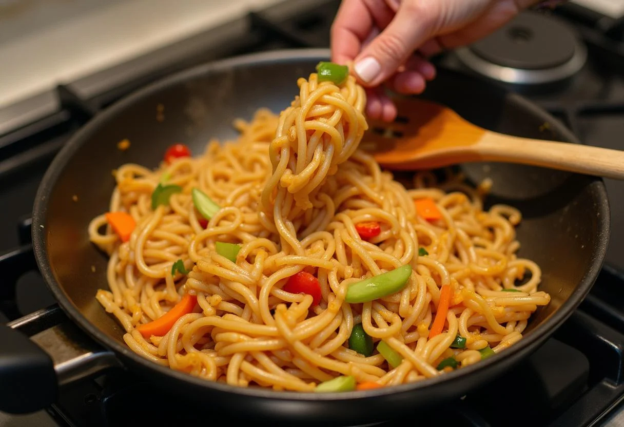 Stirring noodles and vegetables in the skillet for Uncharted Tom Holland's Adventure Noodle Stir-fry, ensuring the ingredients mix well.