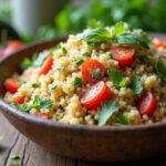 Final presentation of Without Remorse Michael B. Jordan's John Clark's Commando Quinoa Salad, showcasing its colors and textures in a rustic bowl.