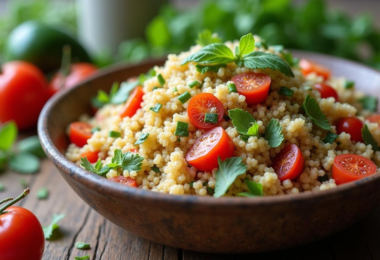 Final presentation of Without Remorse Michael B. Jordan's John Clark's Commando Quinoa Salad, showcasing its colors and textures in a rustic bowl.