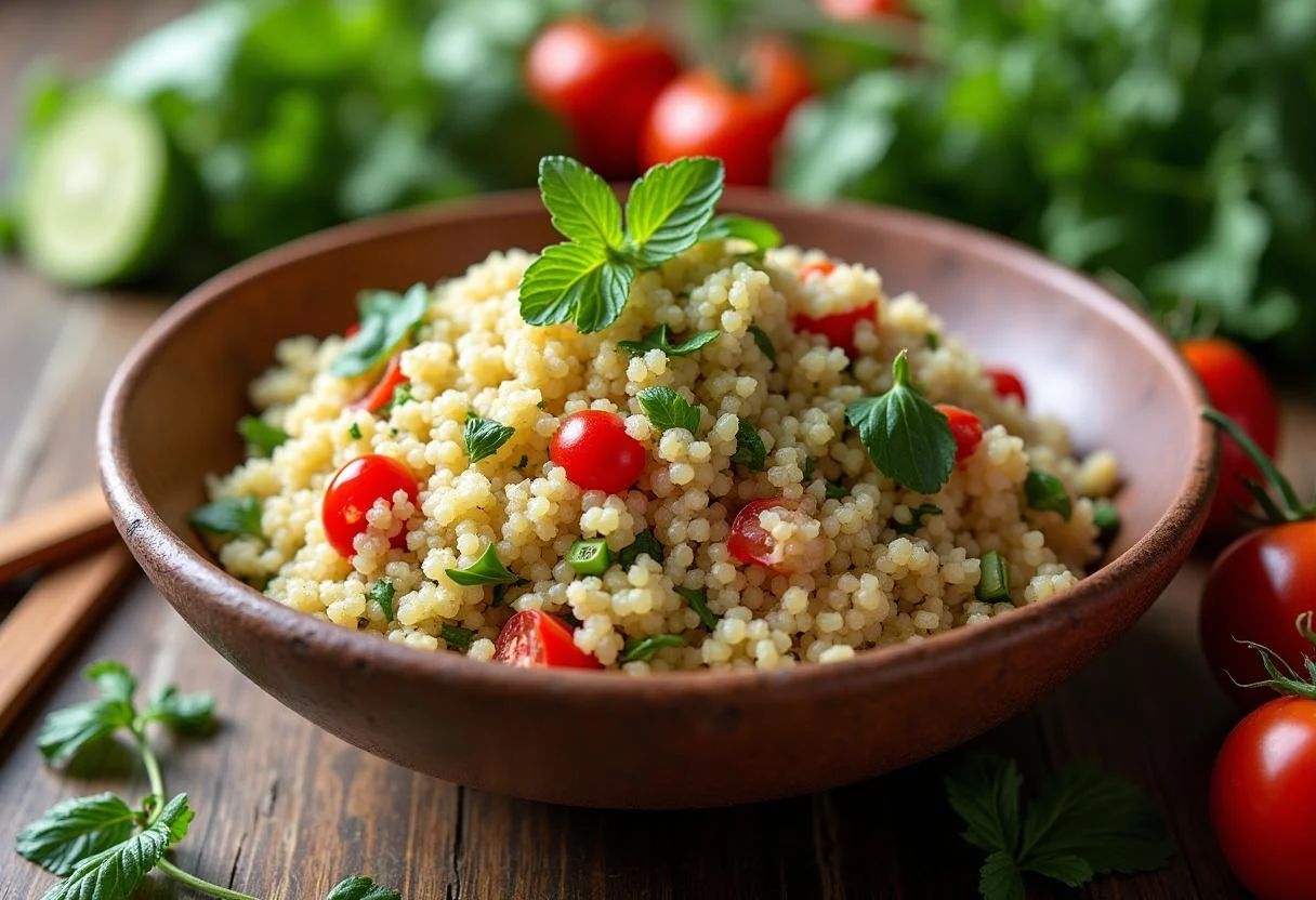 Final presentation of Without Remorse Michael B. Jordan's John Clark's Commando Quinoa Salad, showcasing its colors and textures in a rustic bowl.
