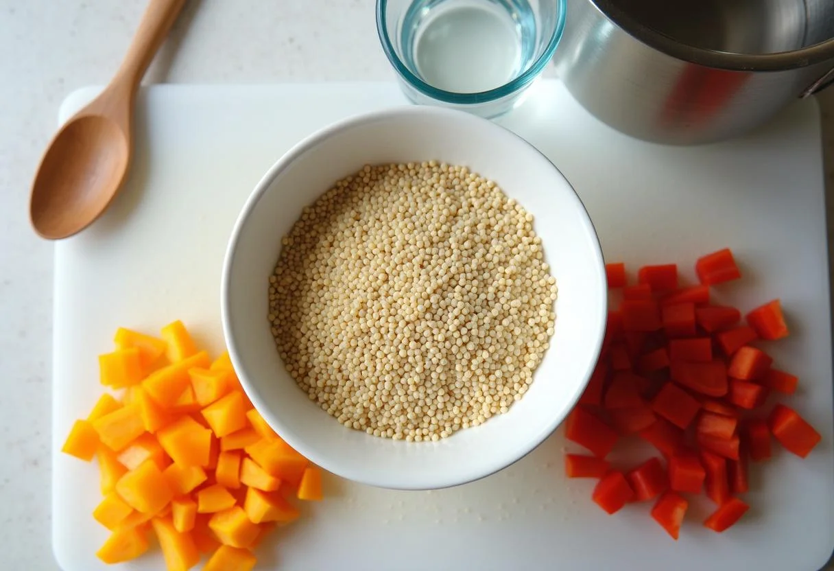 Prepare quinoa for Without Remorse Michael B. Jordan's John Clark's Commando Quinoa Salad with fresh diced vegetables and clean, rinsed quinoa.