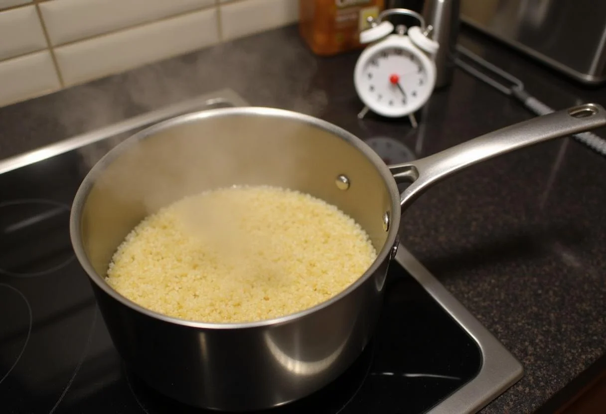 Cooking quinoa to perfection for the Without Remorse Michael B. Jordan's John Clark's Commando Quinoa Salad, showcasing a boiling pot and fresh ingredients.