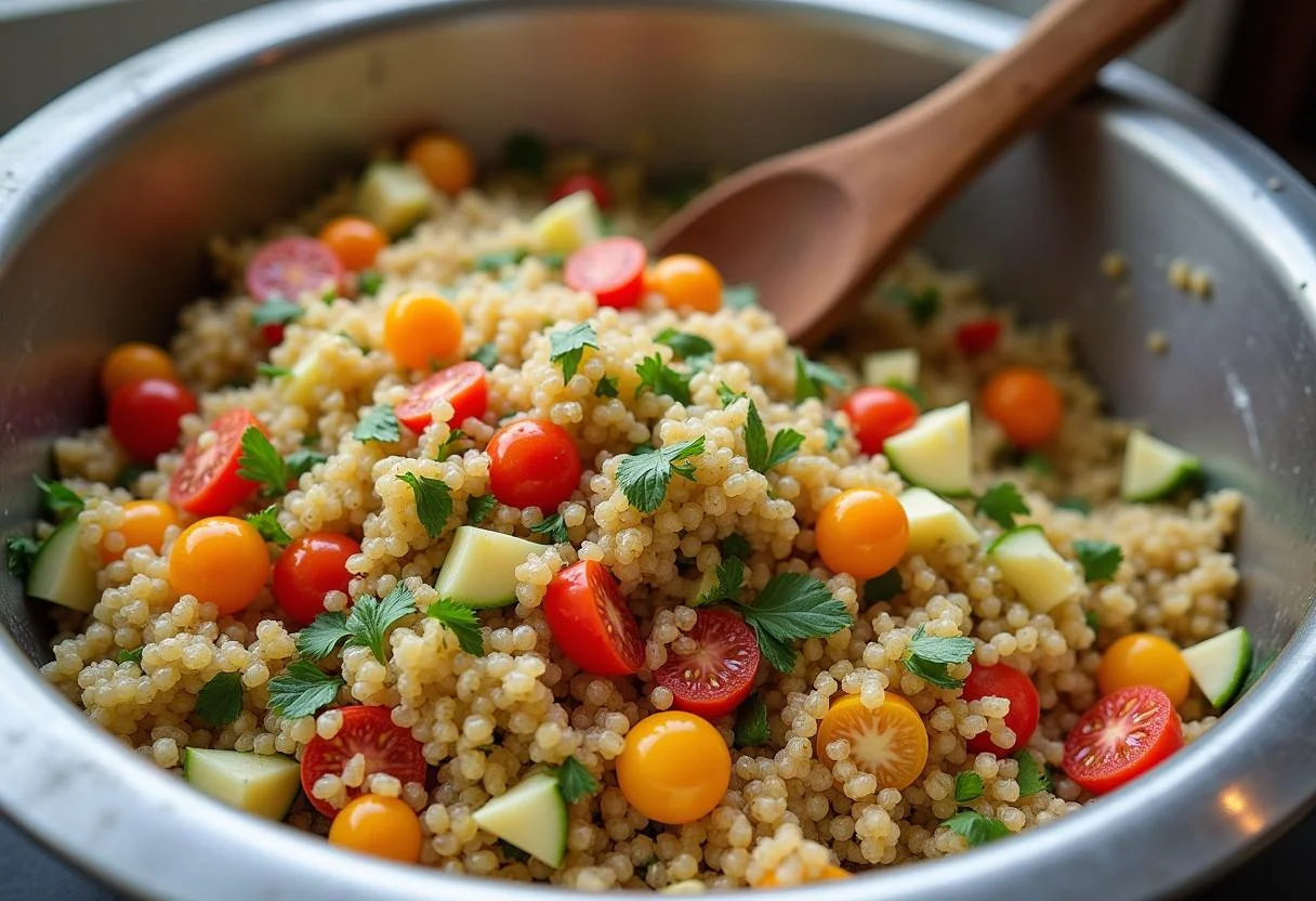 Mixing vibrant ingredients in a bowl for Without Remorse Michael B. Jordan's John Clark's Commando Quinoa Salad, highlighting healthy colorful vegetables and quinoa.