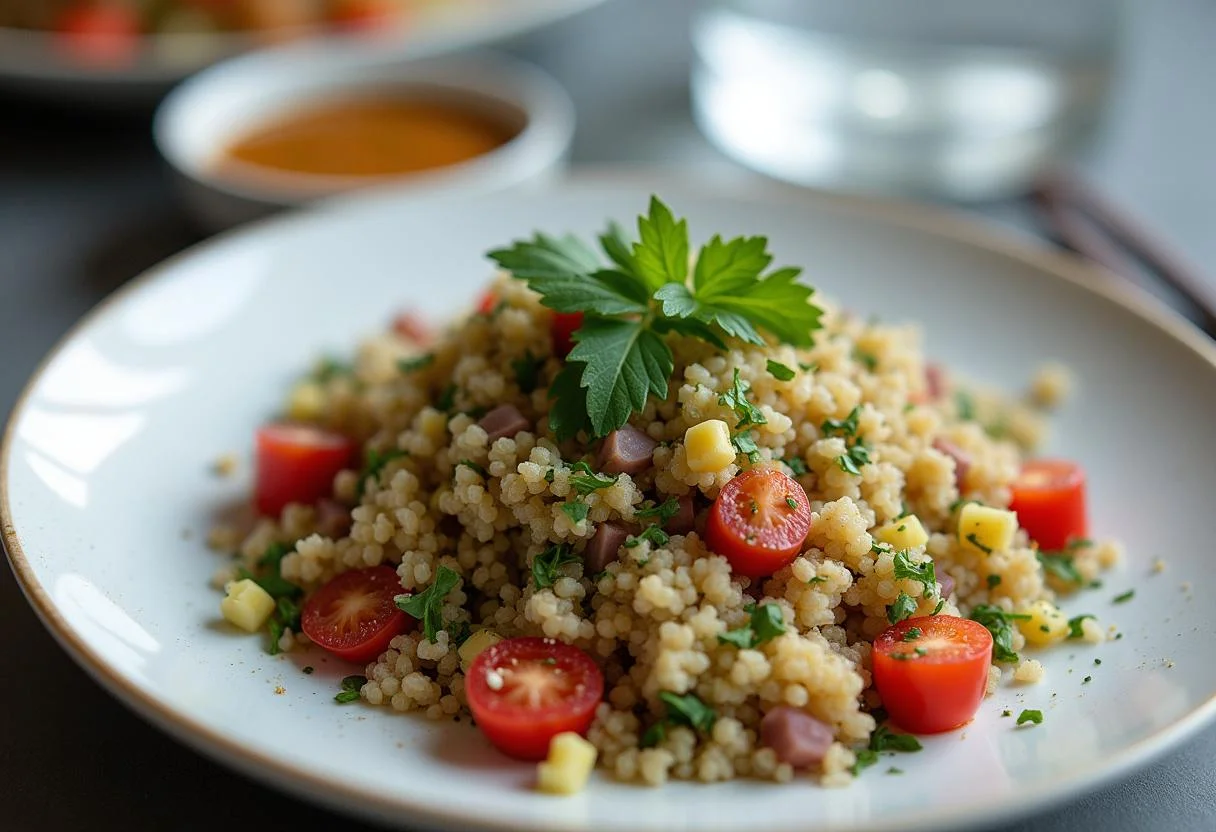 Serve the delicious Without Remorse Michael B. Jordan's John Clark's Commando Quinoa Salad beautifully plated with fresh herbs and dressing on the side.