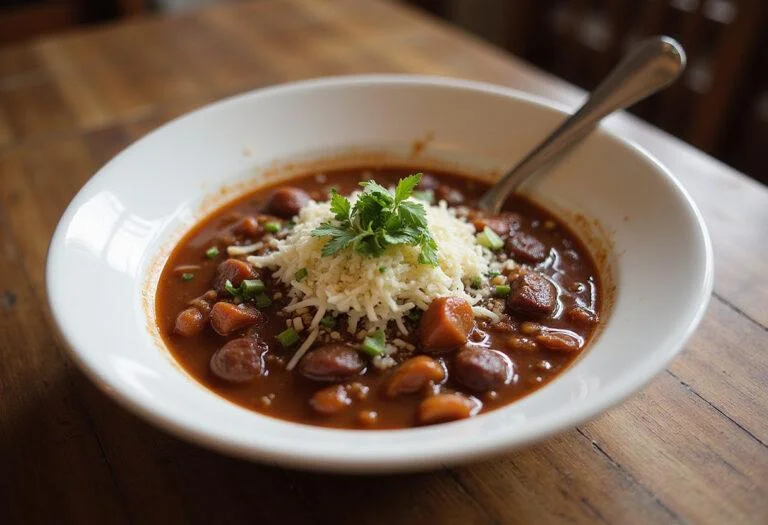 Serving of Wonka's Timothée Chalamet Chocolate Chili with fresh herbs and cheese, a stunning and delicious dish.