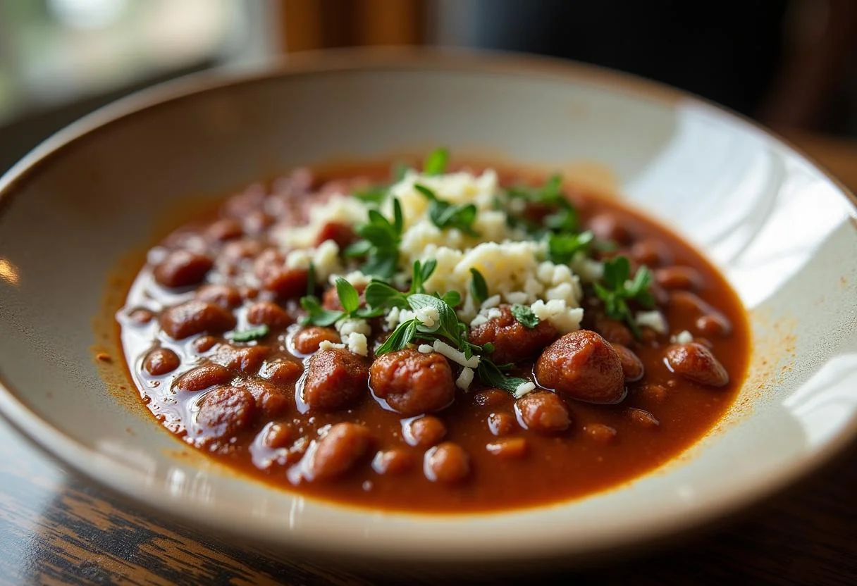 Serving of Wonka's Timothée Chalamet Chocolate Chili with fresh herbs and cheese, a stunning and delicious dish.