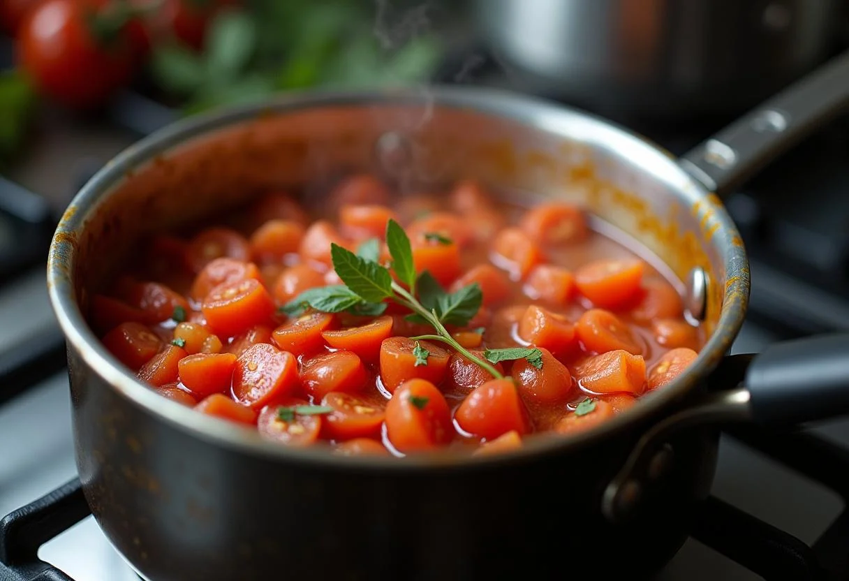 Preparing Wonka's Timothée Chalamet Chocolate Chili with diced tomatoes and chili simmering on a stove.