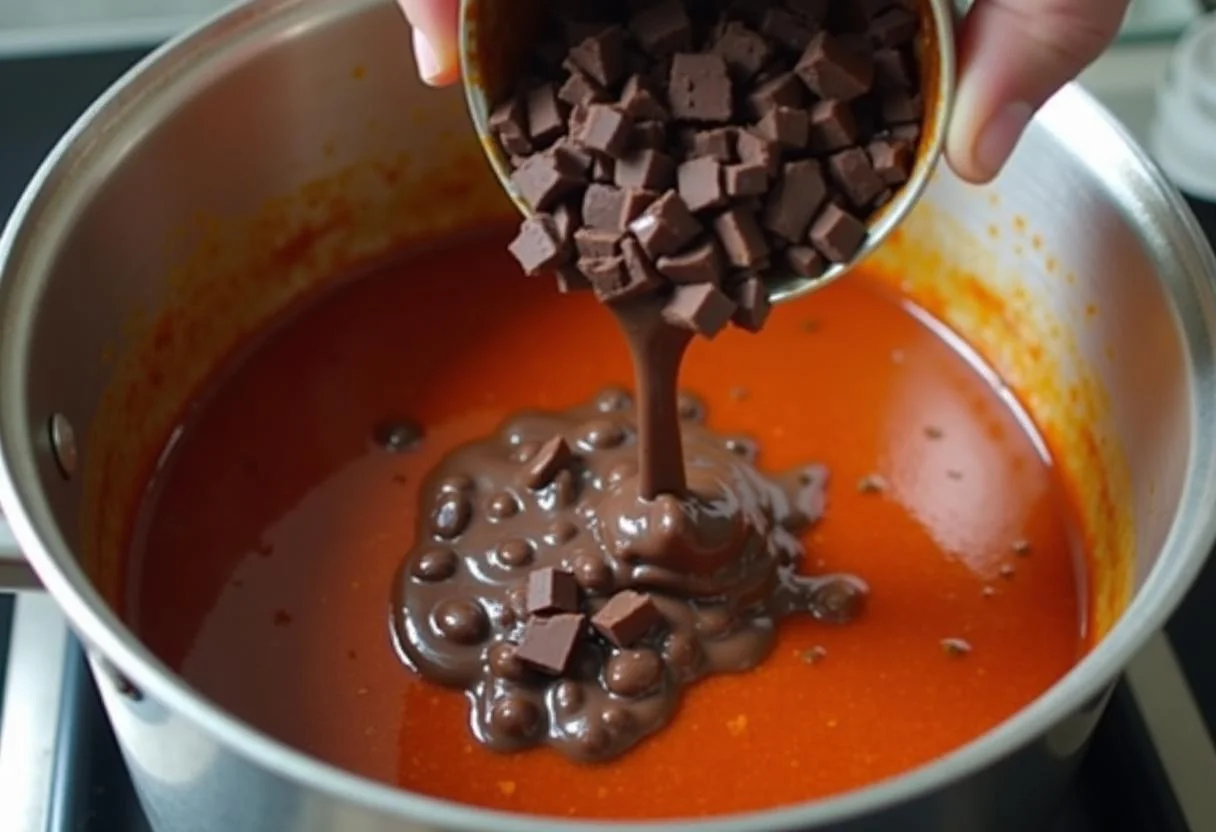 Melting dark chocolate into Wonka's Timothée Chalamet Chocolate Chili to create a unique and flavorful dish.
