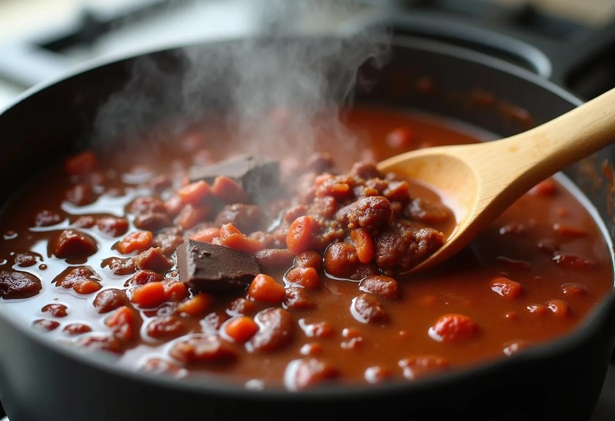 Stirring Wonka's Timothée Chalamet Chocolate Chili, capturing the unique blend of flavors and ingredients in a cozy kitchen scene.
