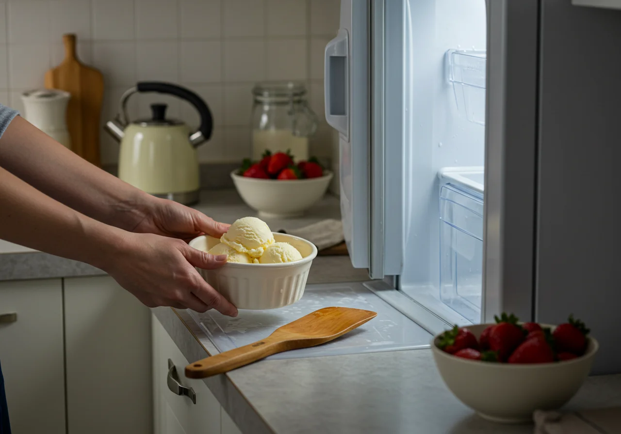 Freezing the mixture for Attack on Titan Armin's Intellect Ice Cream, emphasizing the homemade essence of the treat.
