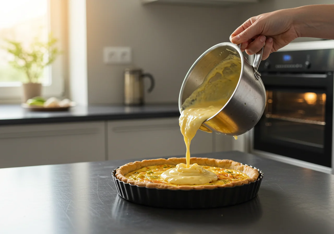 Pouring the vegetable and cheese filling into the crust for Attack on Titan Levi's Clean Freak Quiche in a neat kitchen environment.