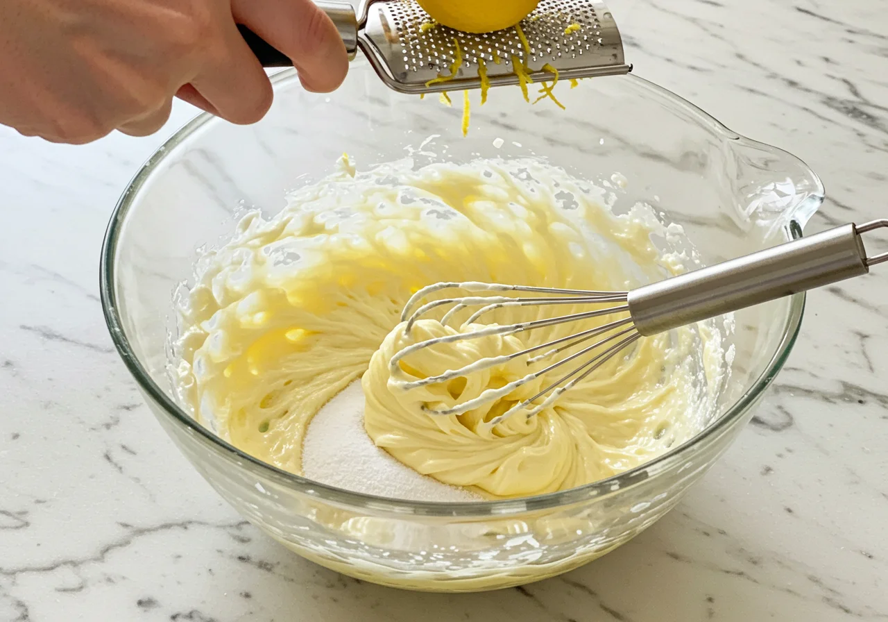 Mixing butter and sugar for Breaking Bad Jesse's Lab Lemon Bars, with lemon zest being added to enhance flavor.