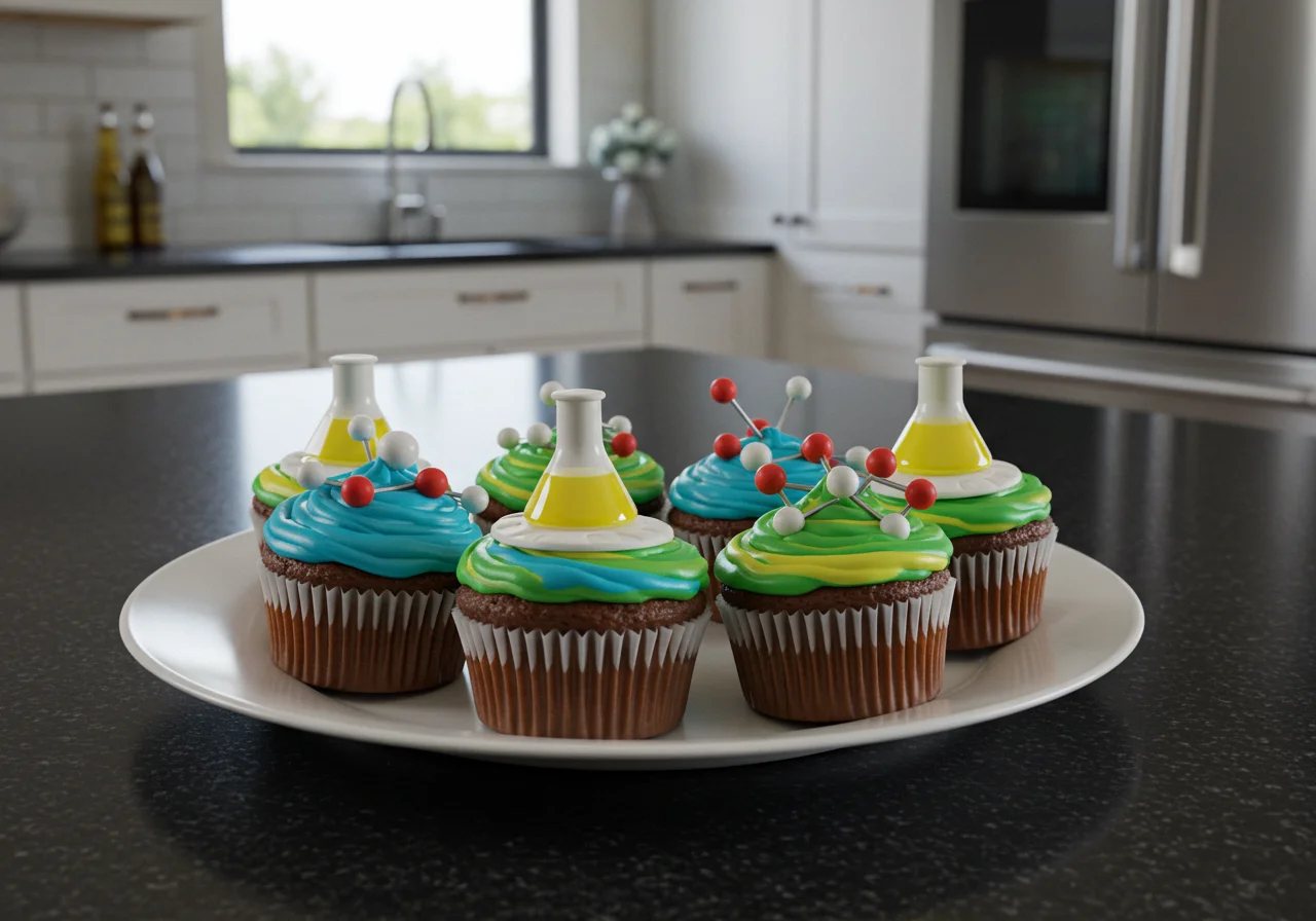Final presentation of Breaking Bad Walter White's Chemistry Cupcakes decorated with vibrant frosting in an aesthetically pleasing kitchen.