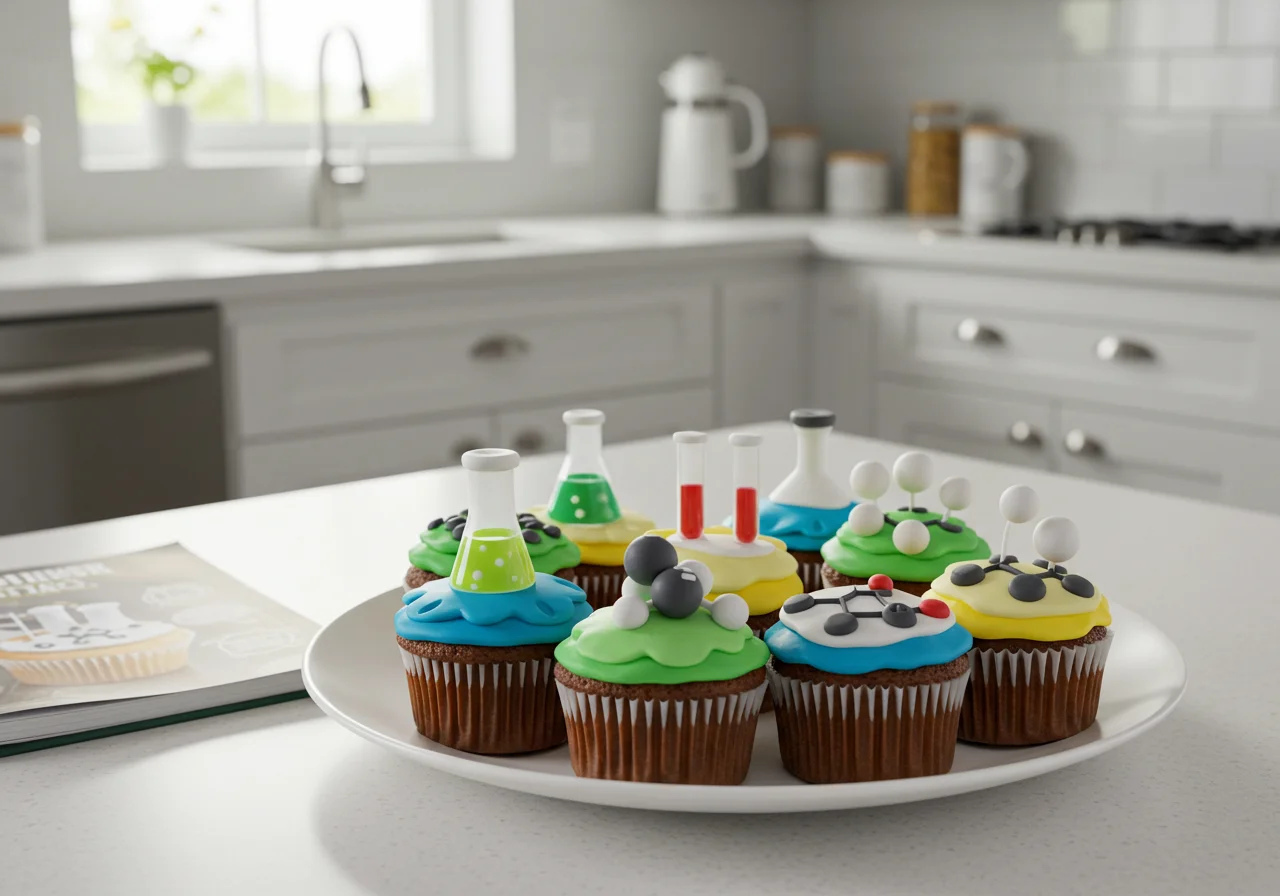Final presentation of Breaking Bad Walter White's Chemistry Cupcakes decorated with vibrant frosting in an aesthetically pleasing kitchen.