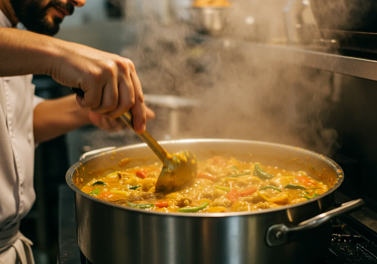 Simmering pot of Captain Jack Sparrow Johnny Depp's Caribbean Chickpea Curry in a charming kitchen, with steam rising from the flavorful dish.