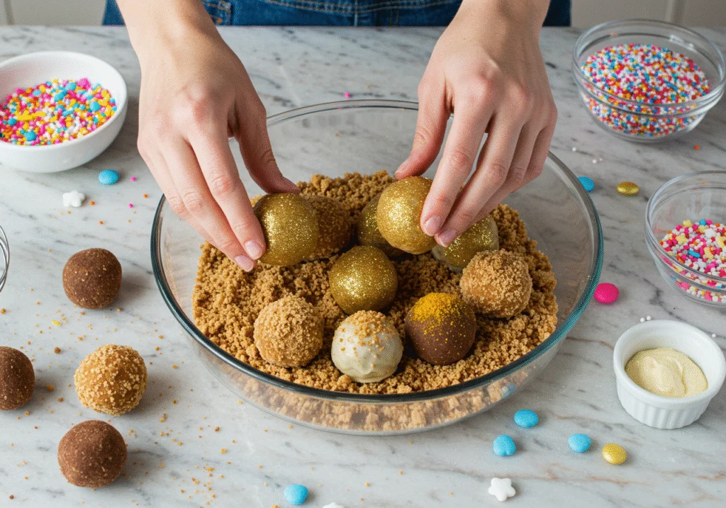 Rolling chocolate truffles in cookie crumbs for Charlie and the Chocolate Factory Veruca Salt's Golden Egg Truffles to add texture and shine.